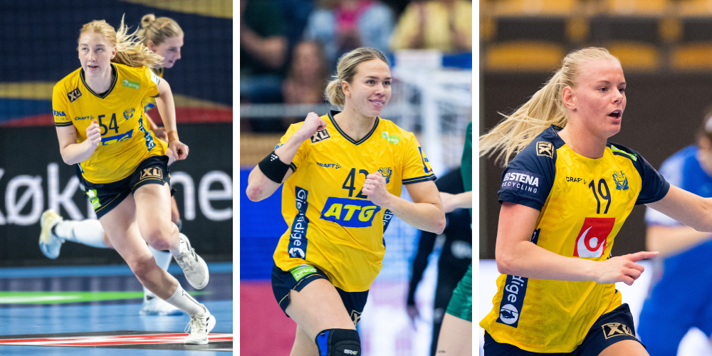 Tyra Axnér, Jenny Carlson och Nina Koppang, spelare i svenska damlandslaget i handboll